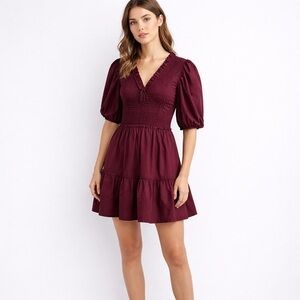 Sea New York Burgundy Smocked Puff Sleeve Mini Dress Size 8